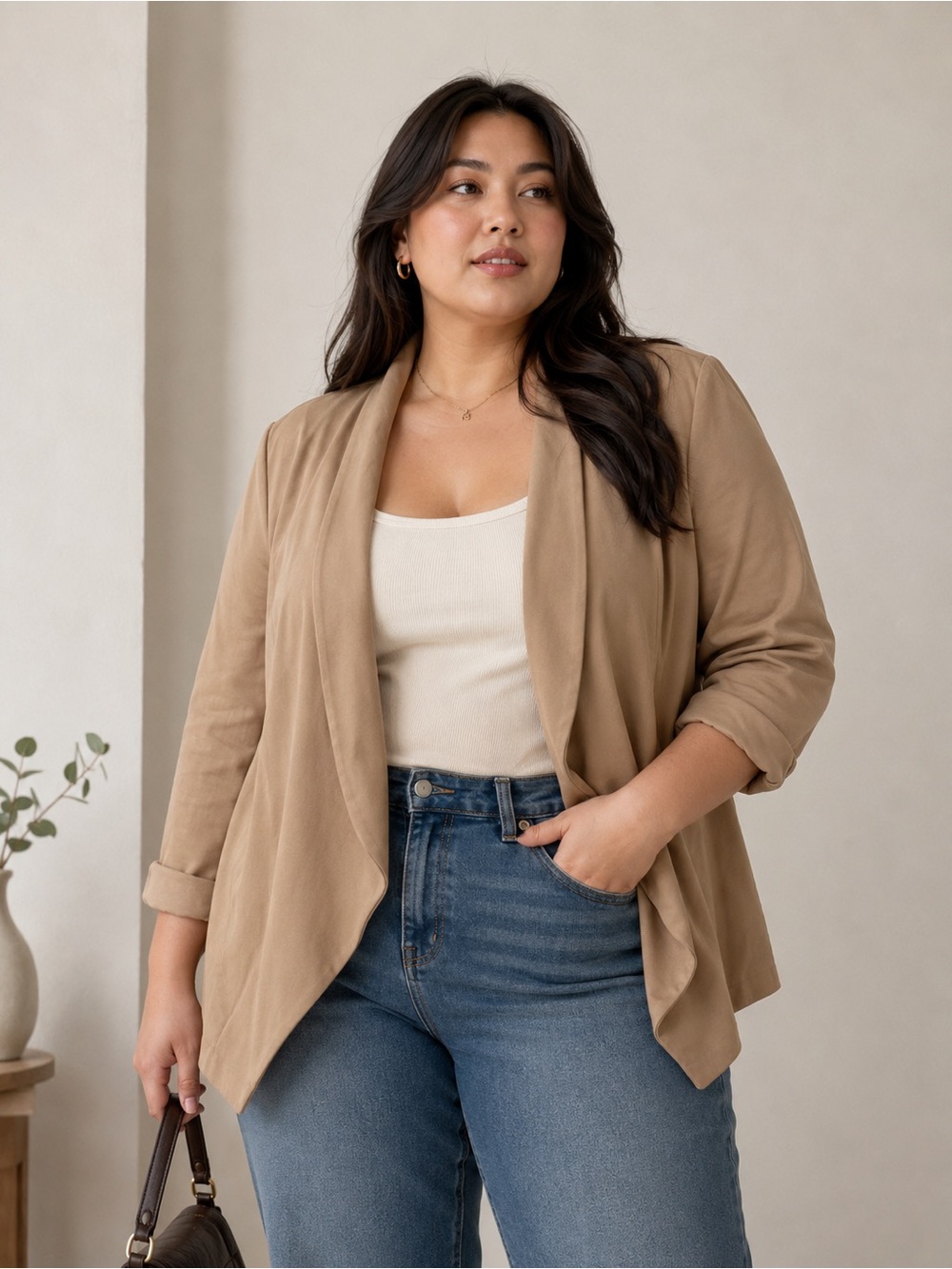NWT Noir 1X Tan Beige open cut Fitted Ponte Office Career Blazer Jacket Ruched